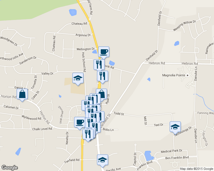 map of restaurants, bars, coffee shops, grocery stores, and more near 4506 Ryan Street in Durham