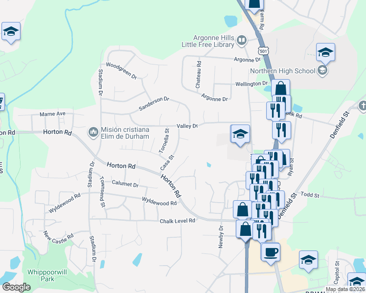 map of restaurants, bars, coffee shops, grocery stores, and more near 4123 Casa Street in Durham