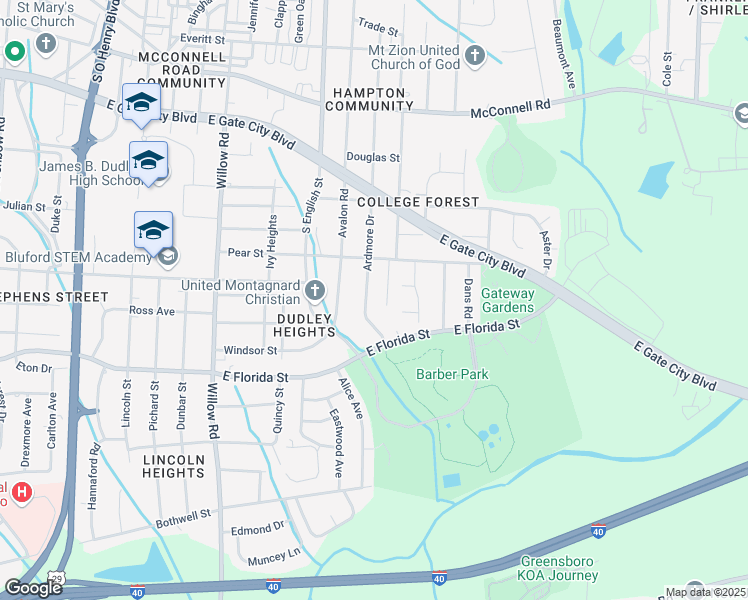 map of restaurants, bars, coffee shops, grocery stores, and more near 2420 Pear Street in Greensboro