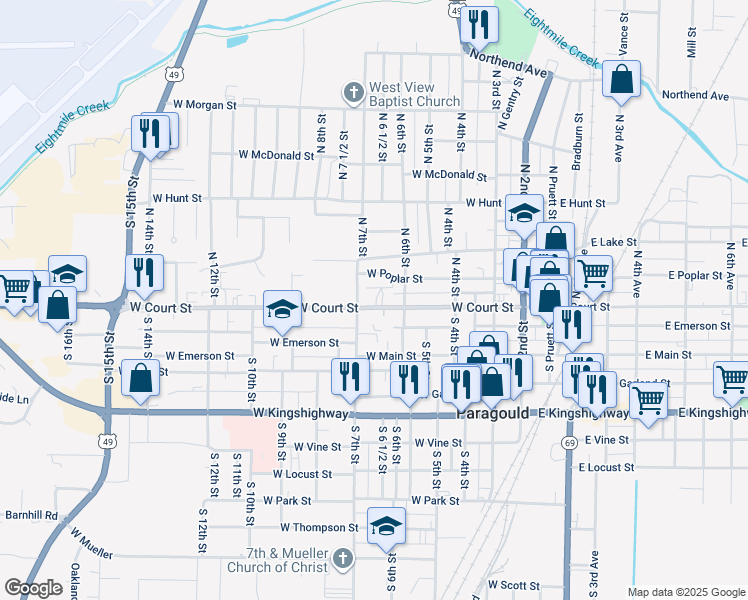 map of restaurants, bars, coffee shops, grocery stores, and more near 622 West Poplar Street in Paragould