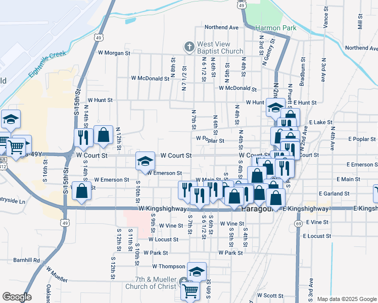 map of restaurants, bars, coffee shops, grocery stores, and more near 120 North 7th Street in Paragould