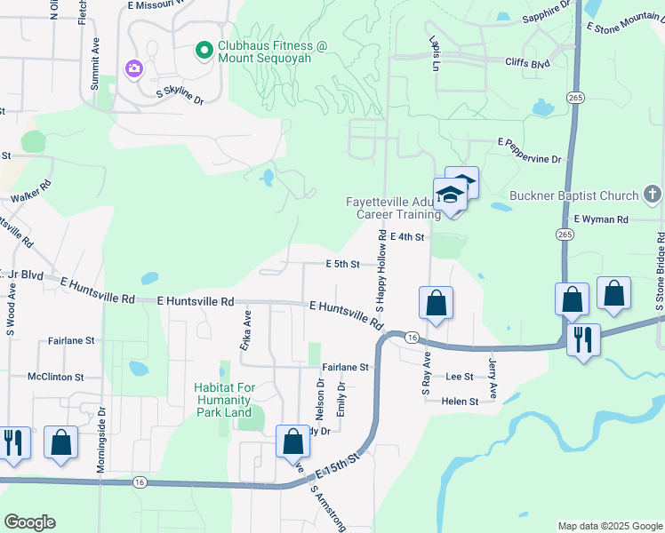 map of restaurants, bars, coffee shops, grocery stores, and more near 1618 East 5th Street in Fayetteville