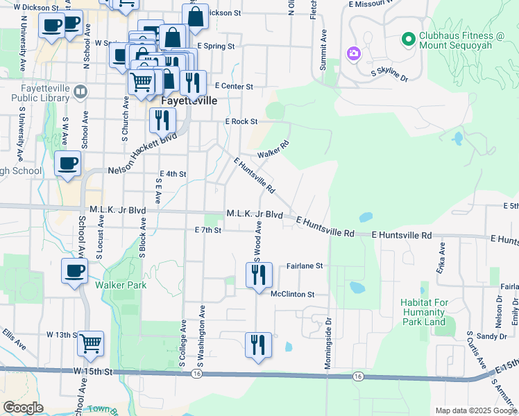 map of restaurants, bars, coffee shops, grocery stores, and more near 511 South Wood Avenue in Fayetteville