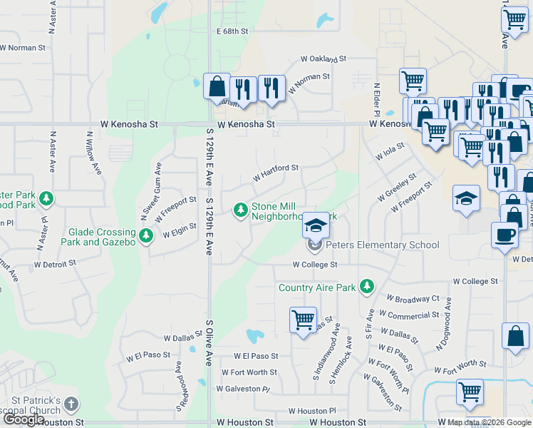 map of restaurants, bars, coffee shops, grocery stores, and more near 3200 West Elgin Street in Broken Arrow
