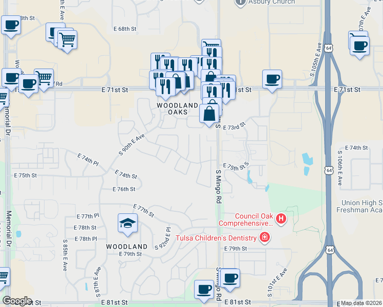map of restaurants, bars, coffee shops, grocery stores, and more near 7425 South 94th East Avenue in Tulsa