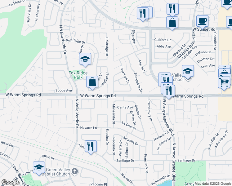 map of restaurants, bars, coffee shops, grocery stores, and more near 1748 Stagecoach Drive in Henderson