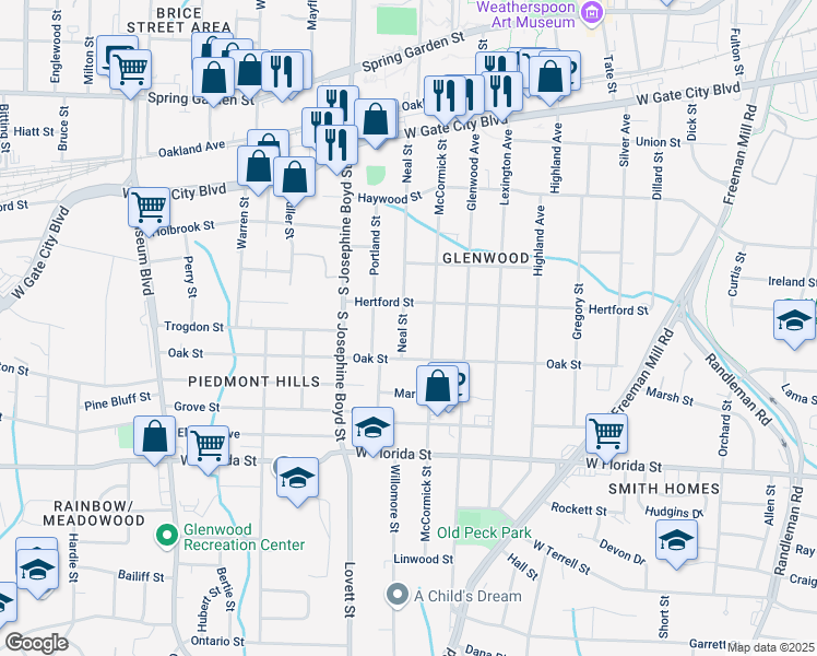 map of restaurants, bars, coffee shops, grocery stores, and more near 1109 Neal Street in Greensboro