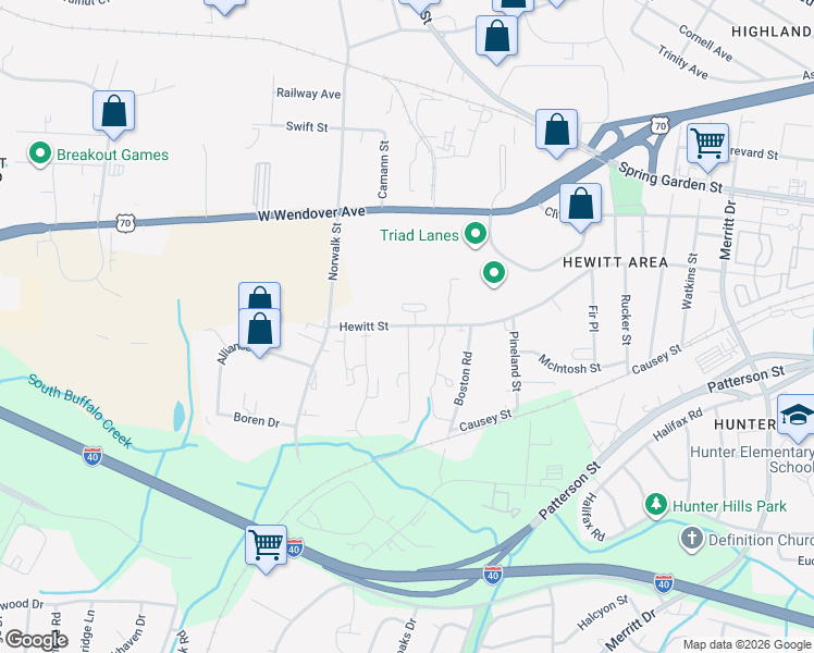 map of restaurants, bars, coffee shops, grocery stores, and more near Hewitt St & E Barton St in Greensboro