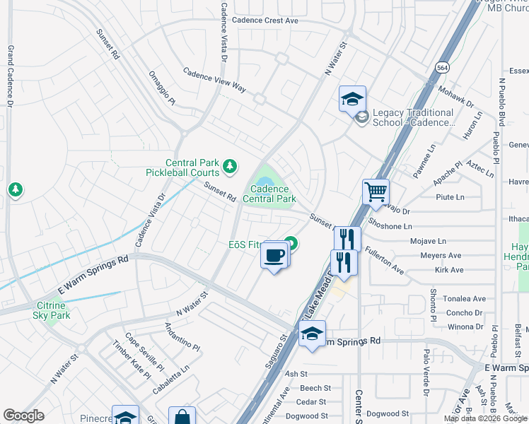 map of restaurants, bars, coffee shops, grocery stores, and more near 1035 East Sunset Road in Henderson