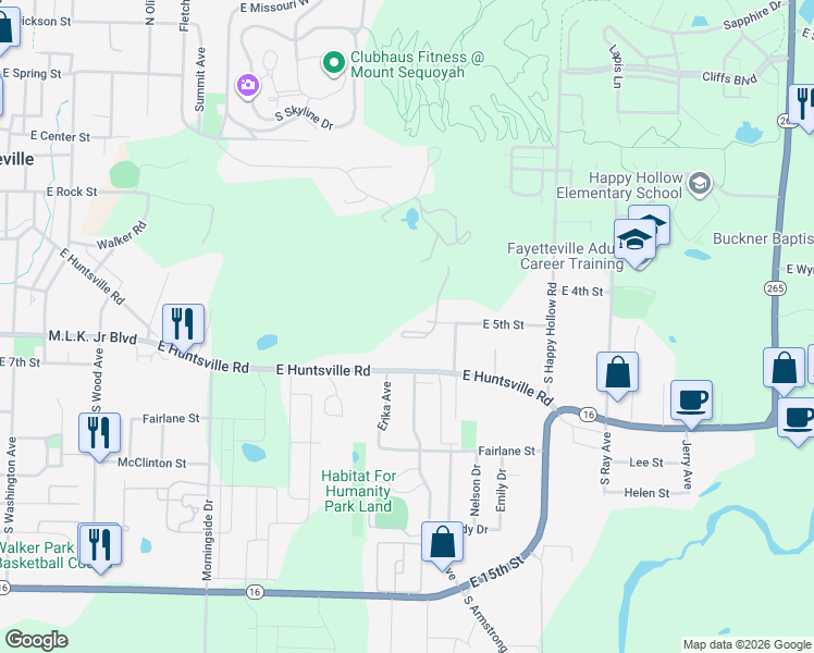 map of restaurants, bars, coffee shops, grocery stores, and more near 1370 East Sequoyah Court in Fayetteville