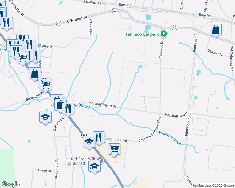 map of restaurants, bars, coffee shops, grocery stores, and more near 1034 Truform Way in Dickson