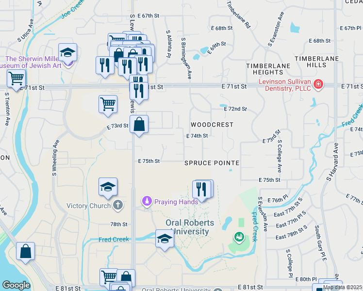 map of restaurants, bars, coffee shops, grocery stores, and more near 2536 East 74th Place in Tulsa