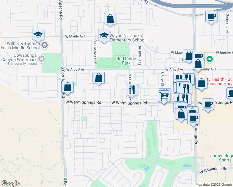 map of restaurants, bars, coffee shops, grocery stores, and more near 9050 West Warm Springs Road in Las Vegas