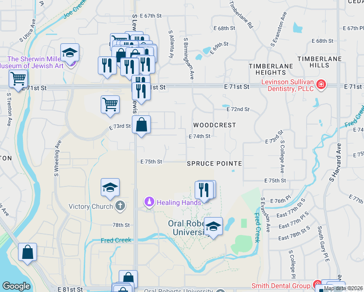 map of restaurants, bars, coffee shops, grocery stores, and more near 2534 East 74th Place in Tulsa