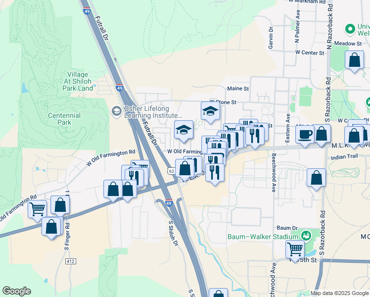 map of restaurants, bars, coffee shops, grocery stores, and more near 2350 West Old Farmington Road in Fayetteville