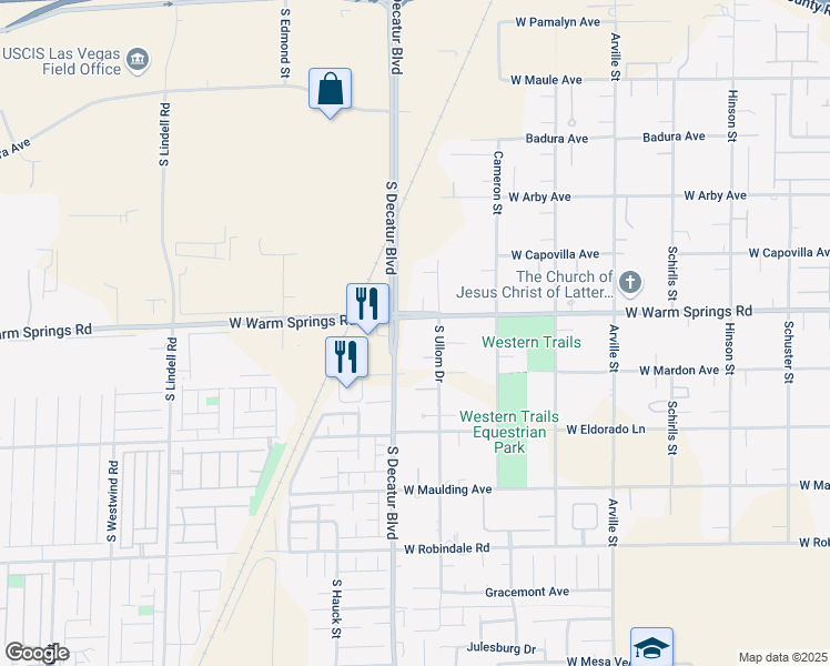 map of restaurants, bars, coffee shops, grocery stores, and more near 4855 West Warm Springs Road in Las Vegas