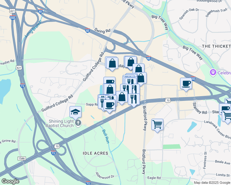 map of restaurants, bars, coffee shops, grocery stores, and more near in Greensboro
