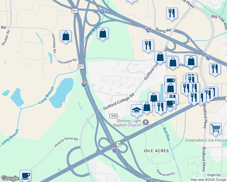 map of restaurants, bars, coffee shops, grocery stores, and more near 5729 Bramblegate Road in Greensboro