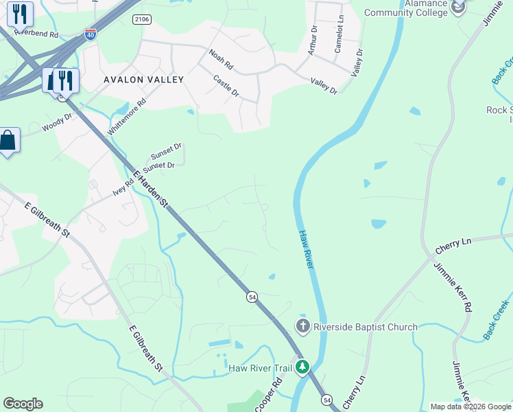 map of restaurants, bars, coffee shops, grocery stores, and more near 1413 Raspberry Run in Graham