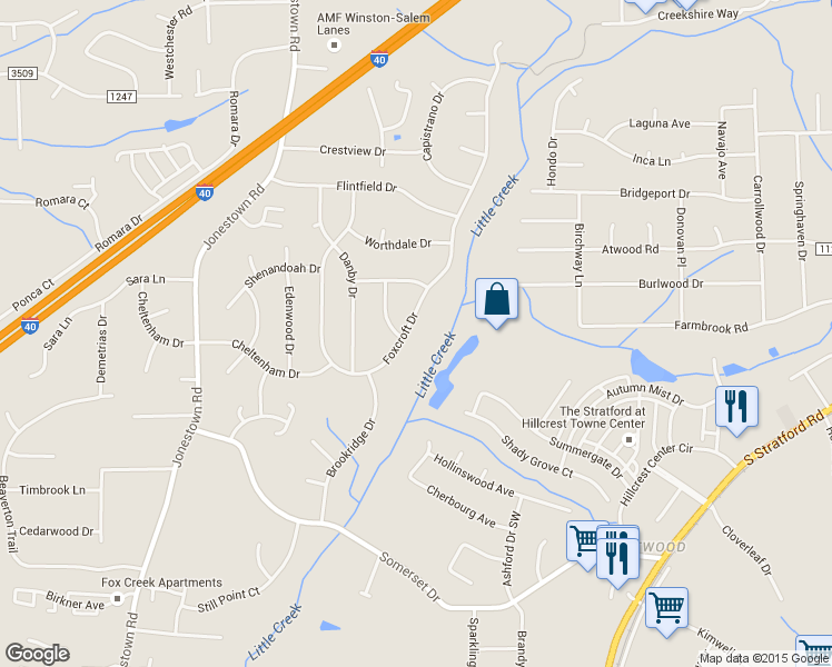map of restaurants, bars, coffee shops, grocery stores, and more near 318 Foxcroft Drive in Winston Salem