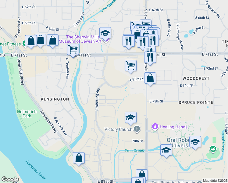 map of restaurants, bars, coffee shops, grocery stores, and more near 2002 East 73rd Street in Tulsa