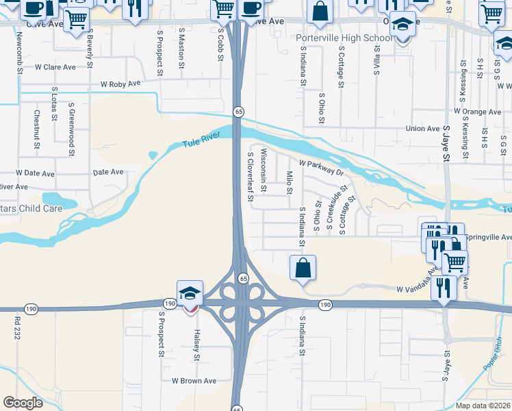 map of restaurants, bars, coffee shops, grocery stores, and more near 950 West Mcintire Avenue in Porterville
