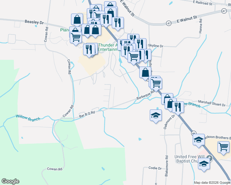 map of restaurants, bars, coffee shops, grocery stores, and more near Candlewood Drive in Dickson
