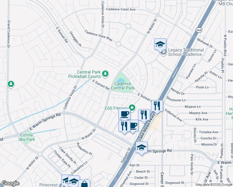 map of restaurants, bars, coffee shops, grocery stores, and more near 1035 East Sunset Road in Henderson