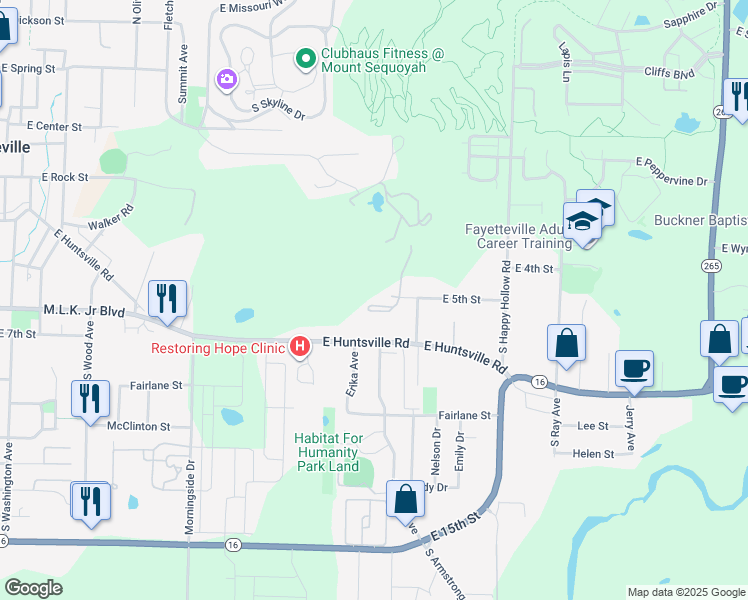 map of restaurants, bars, coffee shops, grocery stores, and more near 1370 East Sequoyah Court in Fayetteville