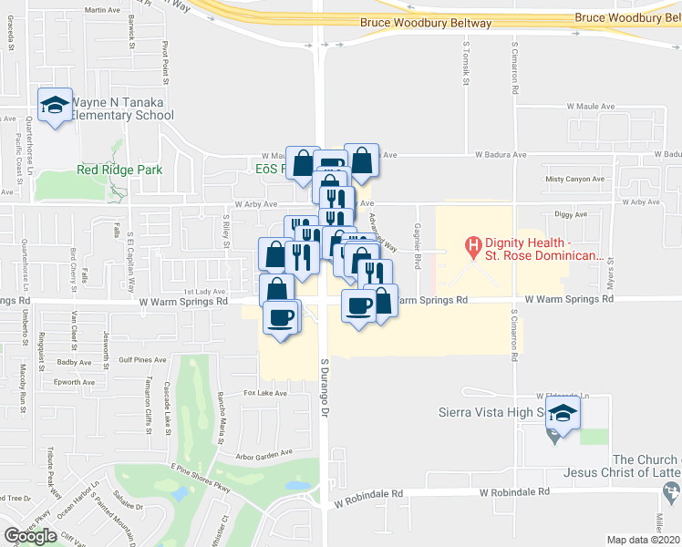 map of restaurants, bars, coffee shops, grocery stores, and more near 7250 South Durango Drive in Las Vegas