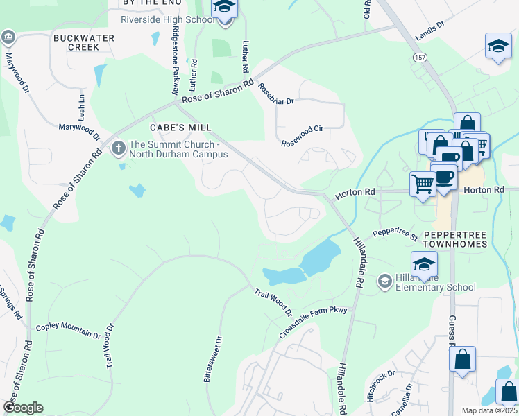 map of restaurants, bars, coffee shops, grocery stores, and more near 2004 Arborwood Drive in Durham