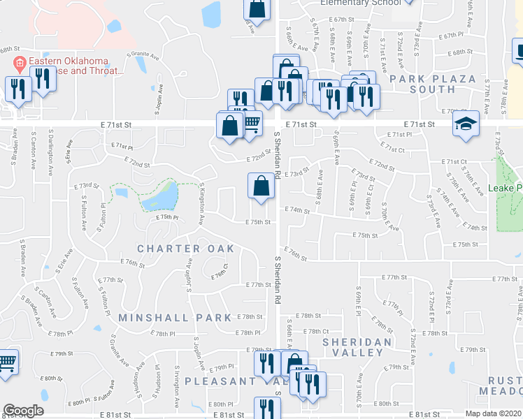 map of restaurants, bars, coffee shops, grocery stores, and more near 7434 South Oxford Avenue in Tulsa