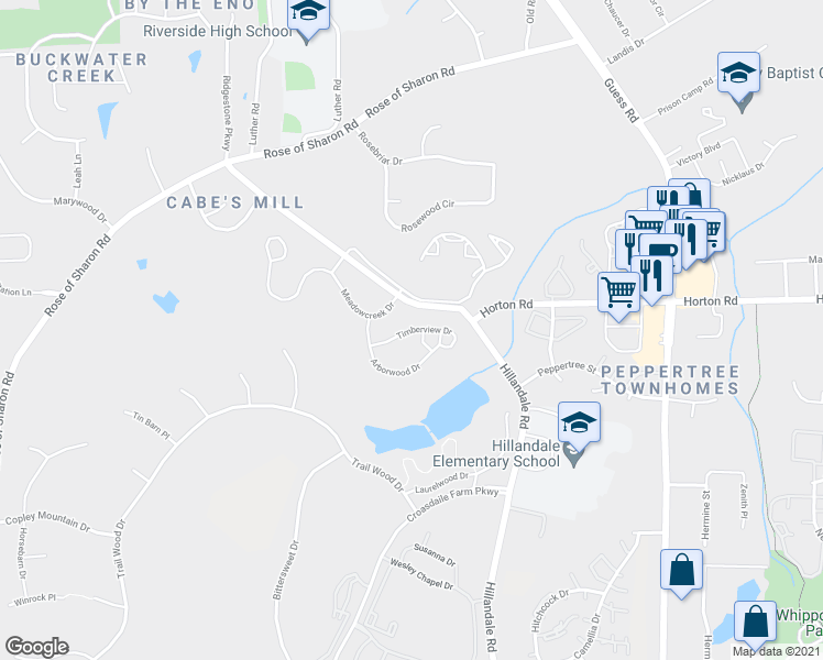 map of restaurants, bars, coffee shops, grocery stores, and more near Timberview Drive in Durham