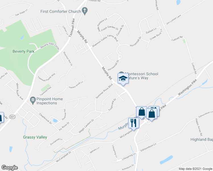 map of restaurants, bars, coffee shops, grocery stores, and more near 5361 Summer Rose Boulevard in Knoxville