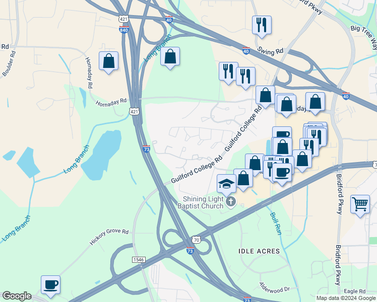 map of restaurants, bars, coffee shops, grocery stores, and more near 803 Moultrie Court in Greensboro