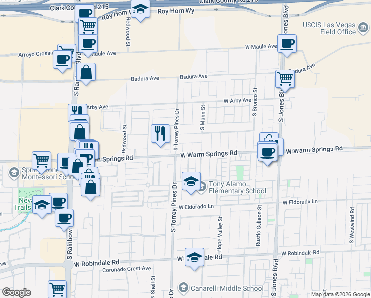 map of restaurants, bars, coffee shops, grocery stores, and more near 7286 River Star Court in Las Vegas