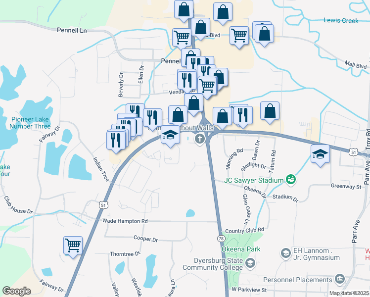 map of restaurants, bars, coffee shops, grocery stores, and more near 100 Marr Drive in Dyersburg
