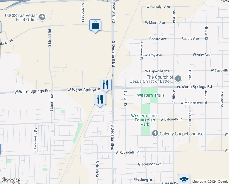map of restaurants, bars, coffee shops, grocery stores, and more near 4855 West Warm Springs Road in Las Vegas