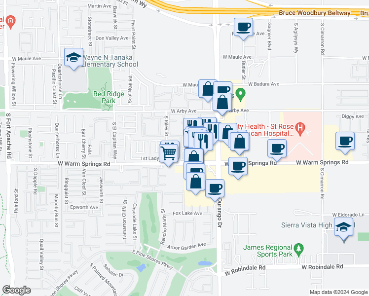 map of restaurants, bars, coffee shops, grocery stores, and more near 8751 Promised Land Avenue in Las Vegas