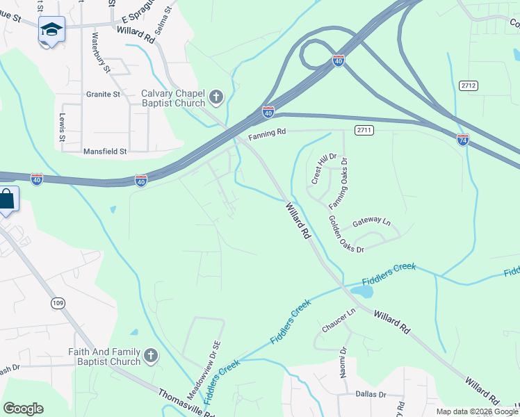 map of restaurants, bars, coffee shops, grocery stores, and more near 2560 Willard Road in Winston-Salem