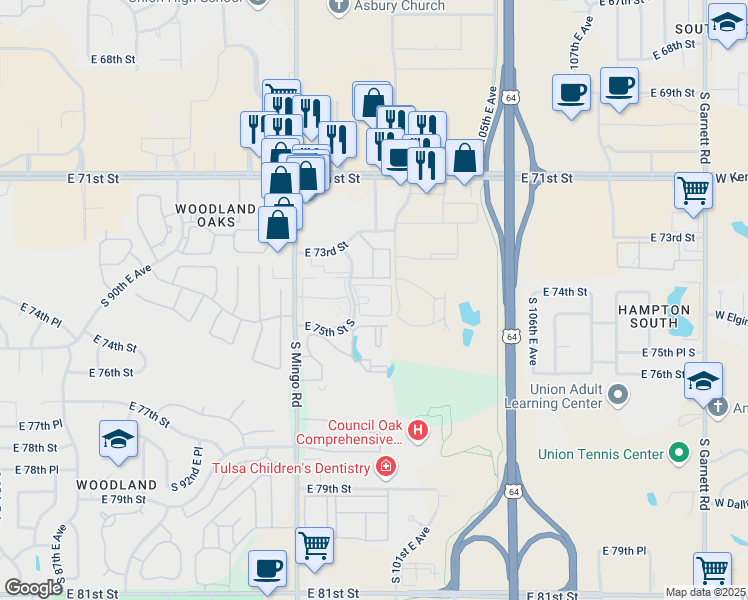 map of restaurants, bars, coffee shops, grocery stores, and more near 7345 South 99th East Avenue in Tulsa