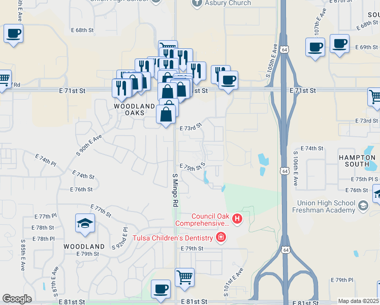 map of restaurants, bars, coffee shops, grocery stores, and more near 7317 South Mingo Road in Tulsa