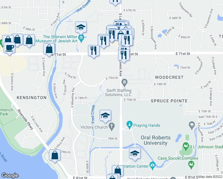 map of restaurants, bars, coffee shops, grocery stores, and more near 2002 East 73rd Street in Tulsa