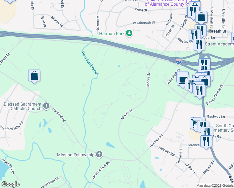 map of restaurants, bars, coffee shops, grocery stores, and more near 1141 Gant Rd in Graham