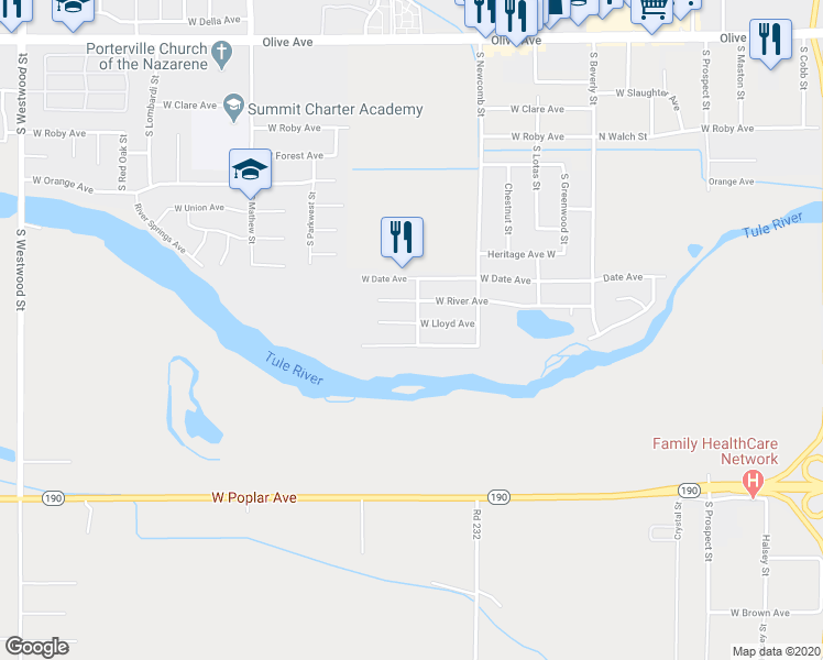 map of restaurants, bars, coffee shops, grocery stores, and more near 1701 West Lloyd Avenue in Porterville