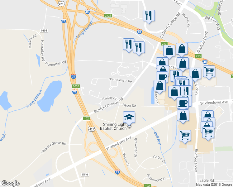 map of restaurants, bars, coffee shops, grocery stores, and more near 5713 Bramblegate Road in Greensboro