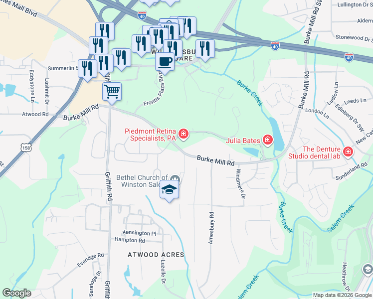 map of restaurants, bars, coffee shops, grocery stores, and more near 189 Kimel Park Drive in Winston-Salem