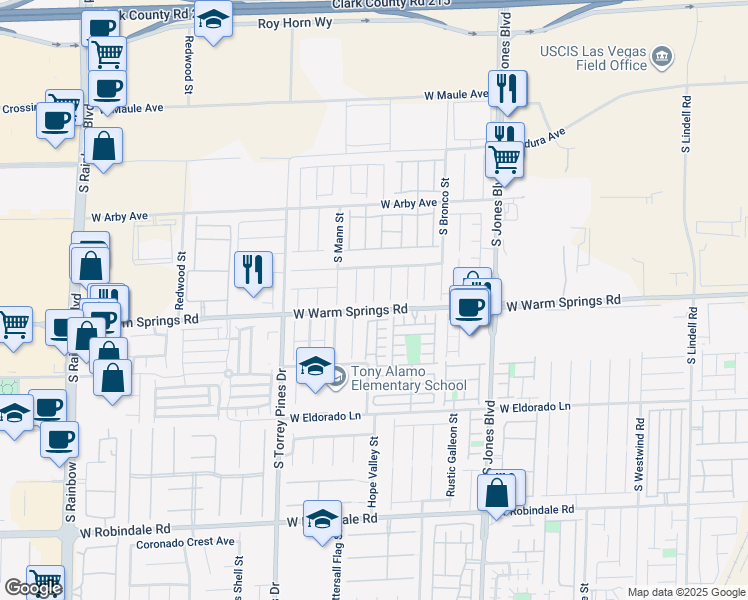 map of restaurants, bars, coffee shops, grocery stores, and more near 7266 Shannon Ridge Court in Las Vegas