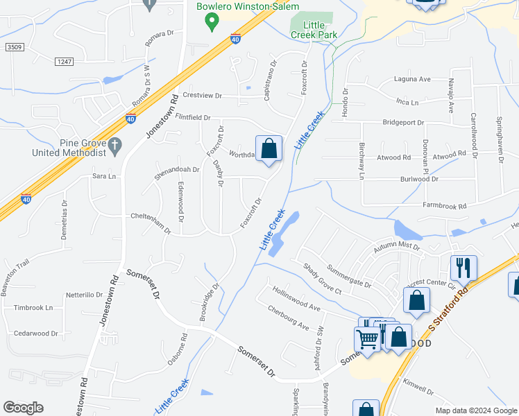 map of restaurants, bars, coffee shops, grocery stores, and more near 318 Foxcroft Drive in Winston Salem