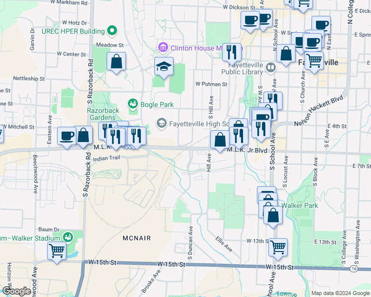 map of restaurants, bars, coffee shops, grocery stores, and more near 881 Martin Luther King Junior Boulevard in Fayetteville